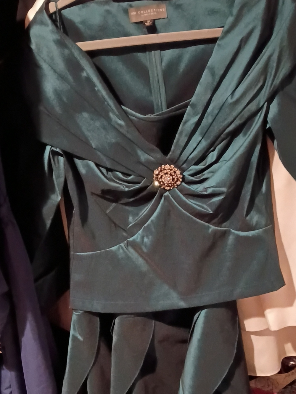 KM Collections Teal Long-Sleeve Satin Evening Dress with Jeweled Brooch
